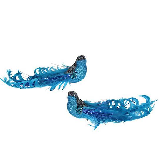 Clip, Blue Glitter & Curly Feather Bird 14cm